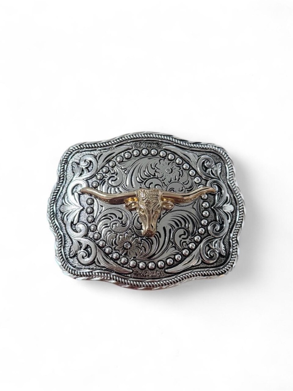 Silver-Tone Western Longhorn Belt Buckle with Gold Accent